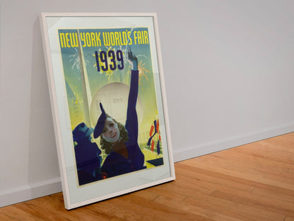 New York Worlds Fair 1939 poster in a white frame leaning against a wall