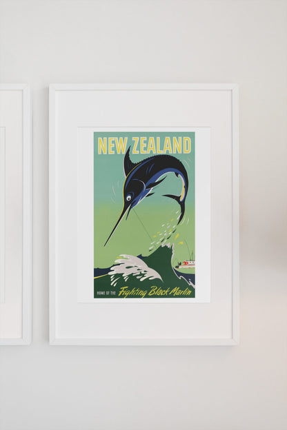 New Zealand Black Marlin poster on a light wall