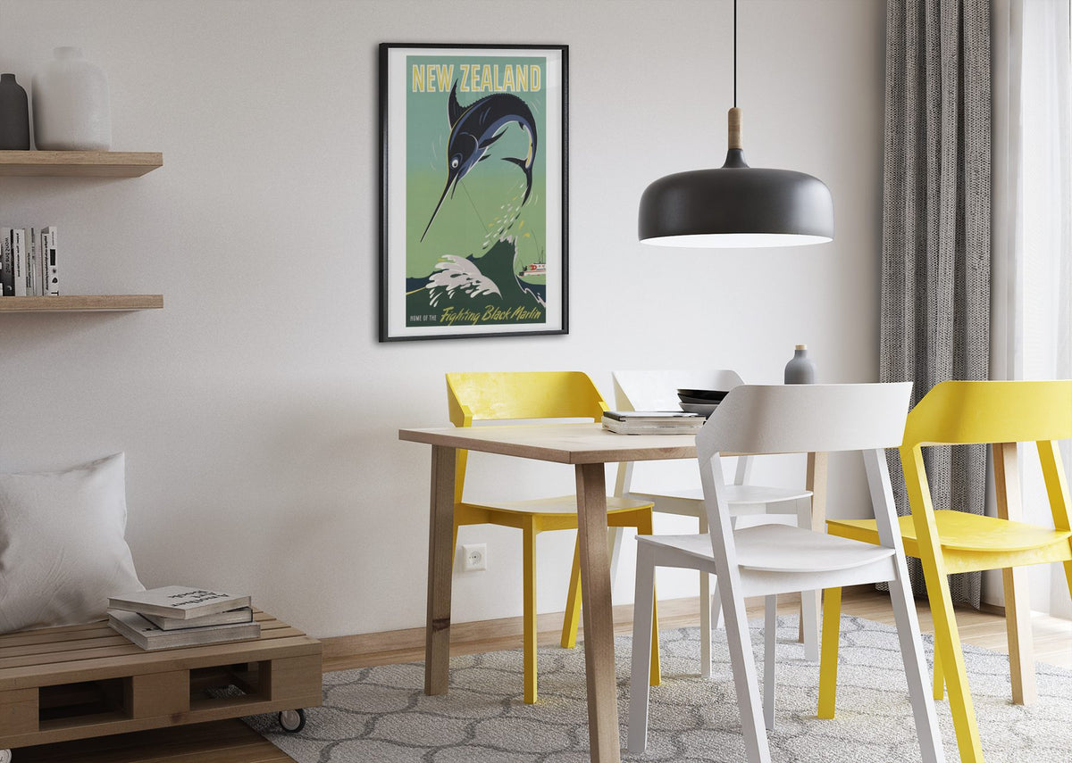 New Zealand Black Marlin poster framed above a dining table