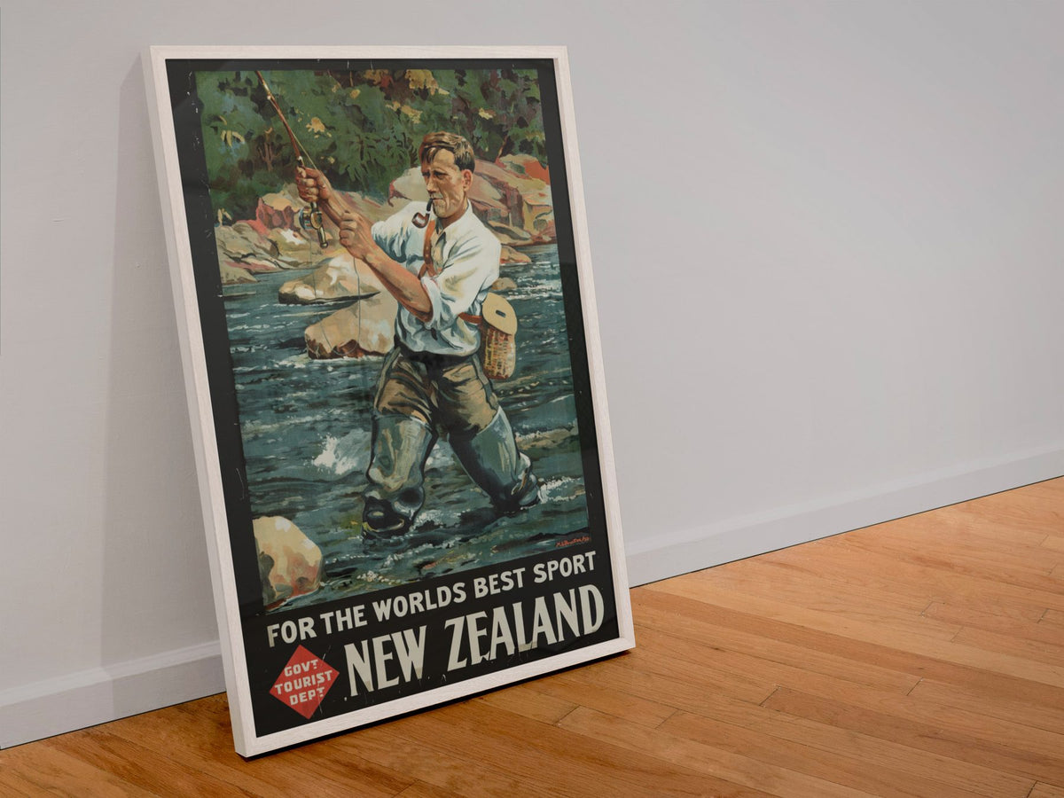New Zealand Fly Fishing poster in a white frame leaning against a wall