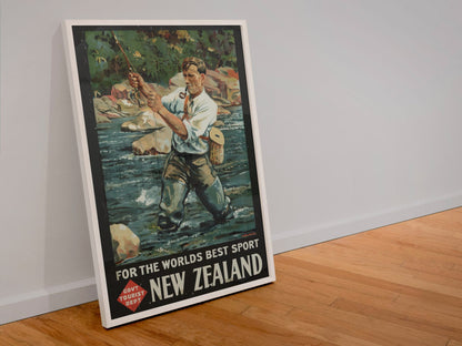 New Zealand Fly Fishing poster in a white frame leaning against a wall