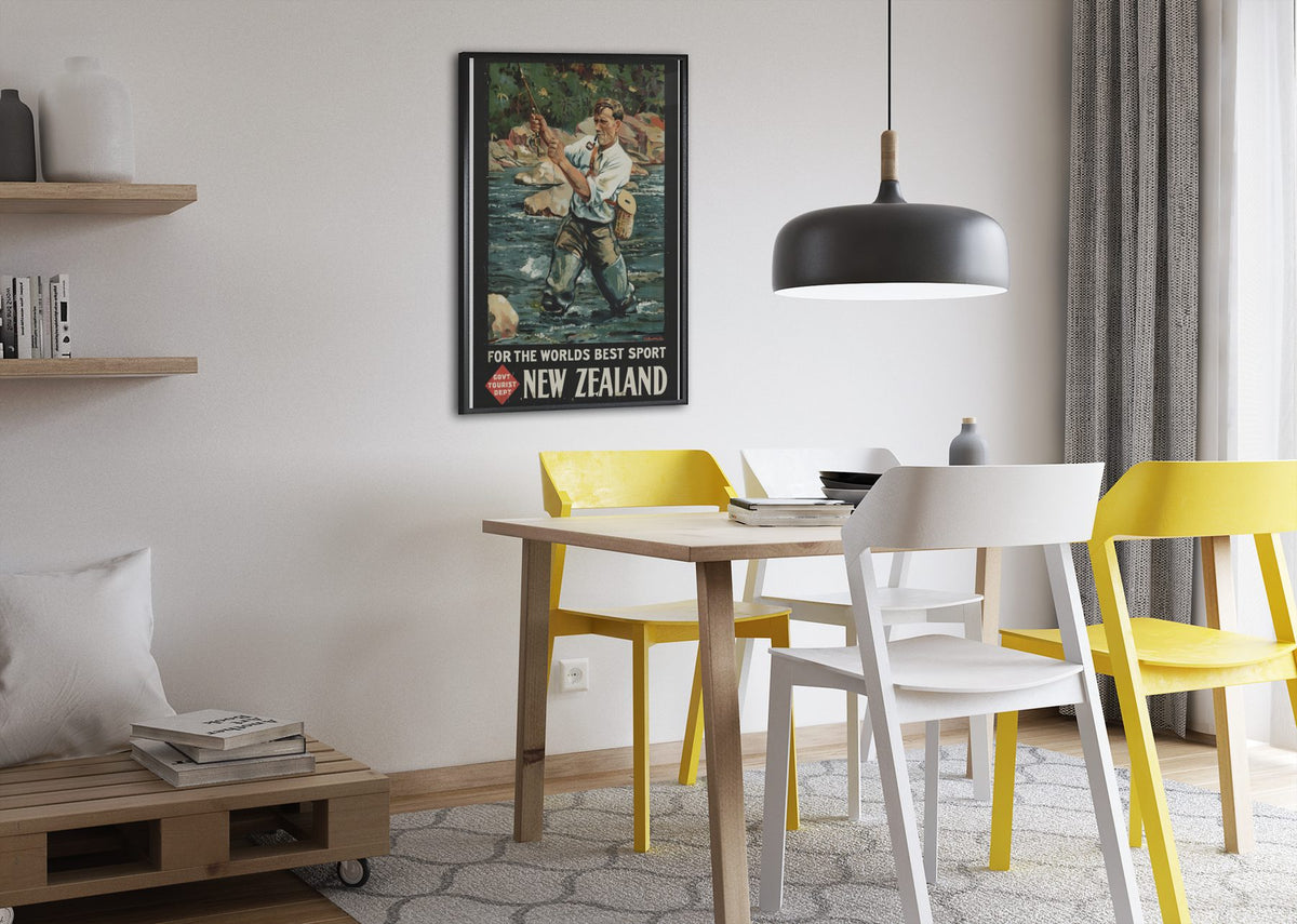 New Zealand Fly Fishing poster framed above a dining table