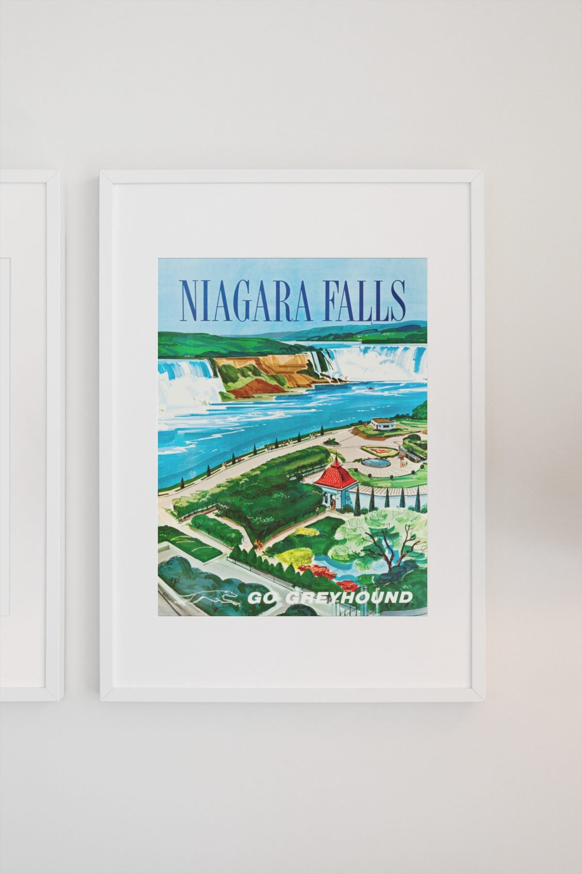 Niagara Falls Go Greyhound poster on a light wall