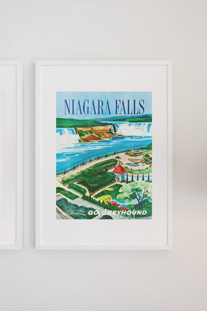 Niagara Falls Go Greyhound poster on a light wall