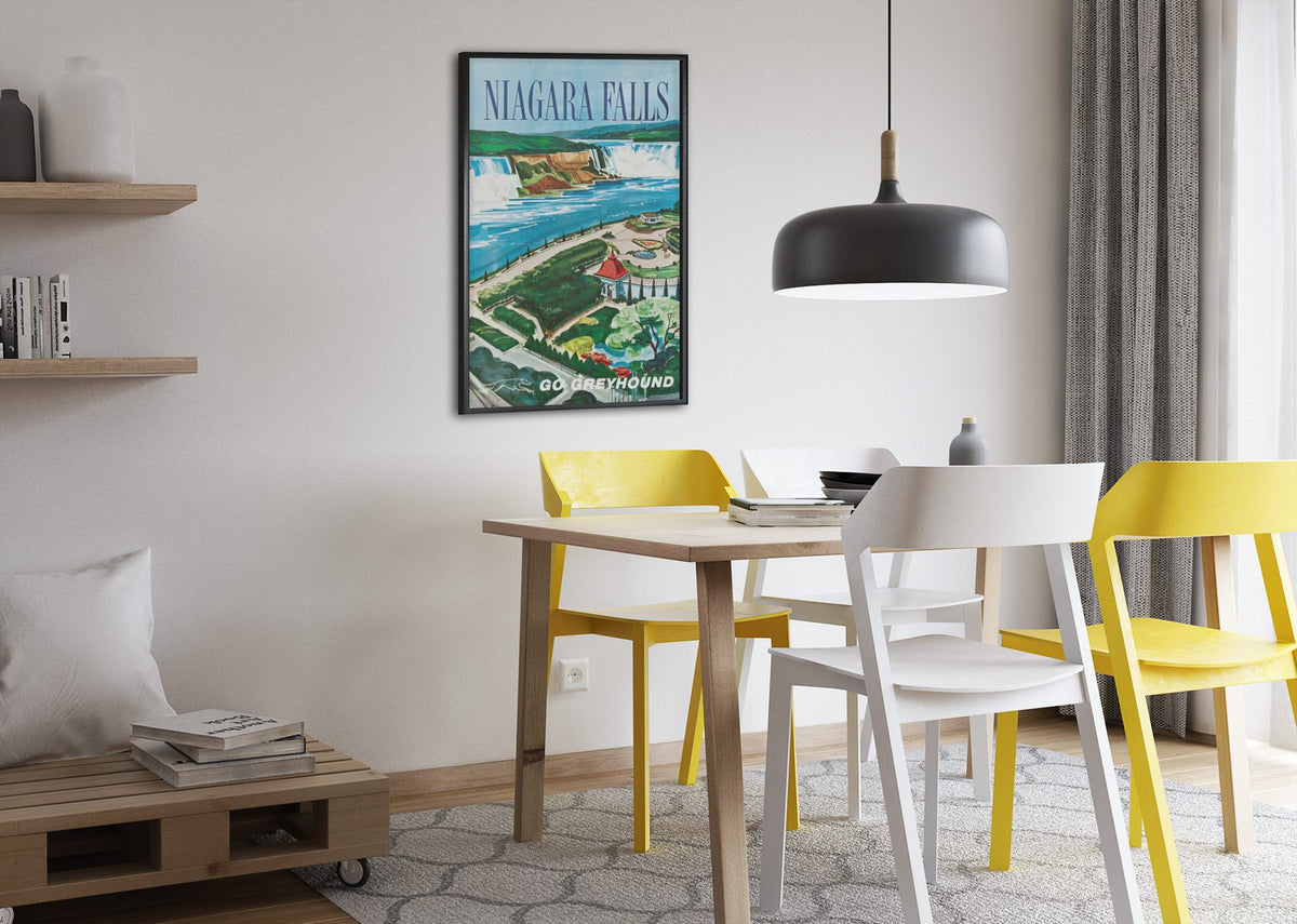 Niagara Falls Go Greyhound poster framed above a dining table