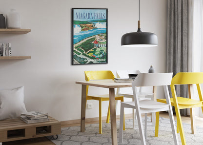 Niagara Falls Go Greyhound poster framed above a dining table