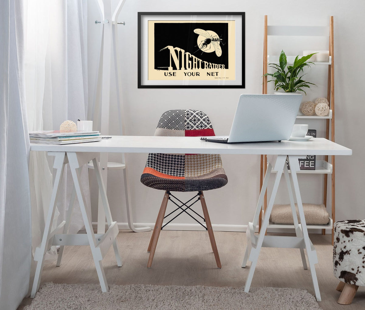 Night Raider — Use Your Net poster framed above a white desk in a home office