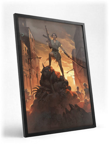 Nightmare Reaper Cover Art poster in a black frame with glass leaning against a wall