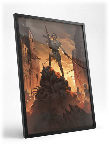 Nightmare Reaper Cover Art poster in a black frame with glass leaning against a wall