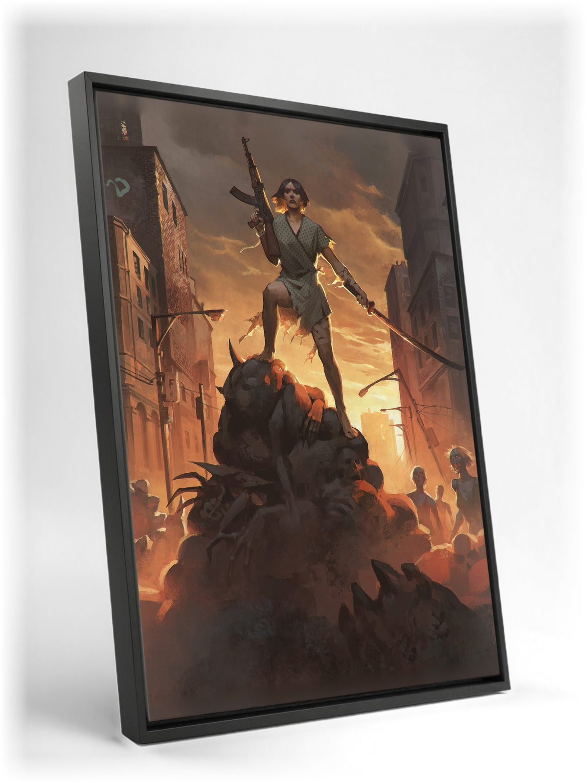 Nightmare Reaper Cover Art as a black floater framed canvas leaning against a wall