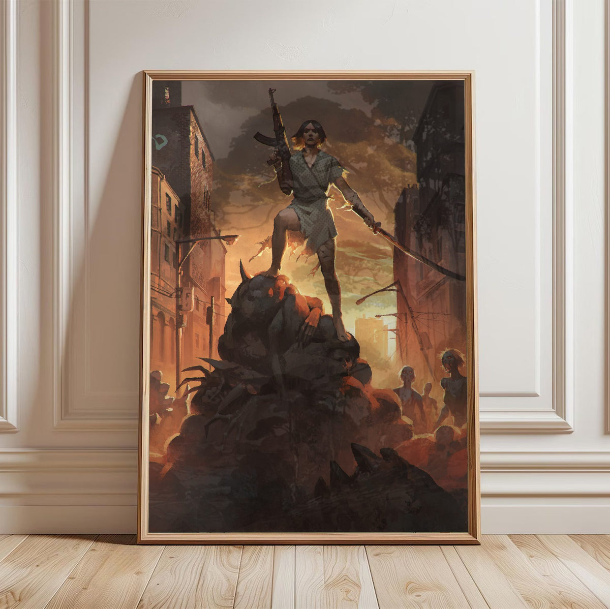 Nightmare Reaper Cover Art poster in a light oak frame leaning against a white wall