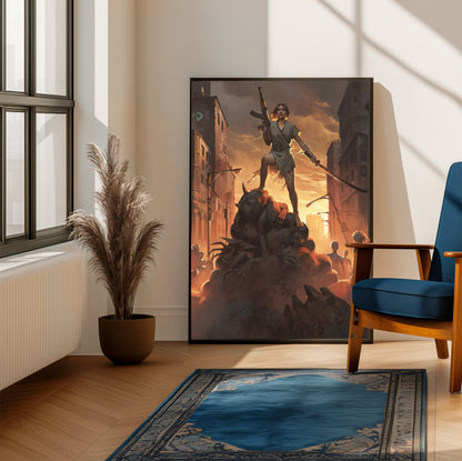 Nightmare Reaper Cover Art poster framed beside a blue armchair in a sunlit room