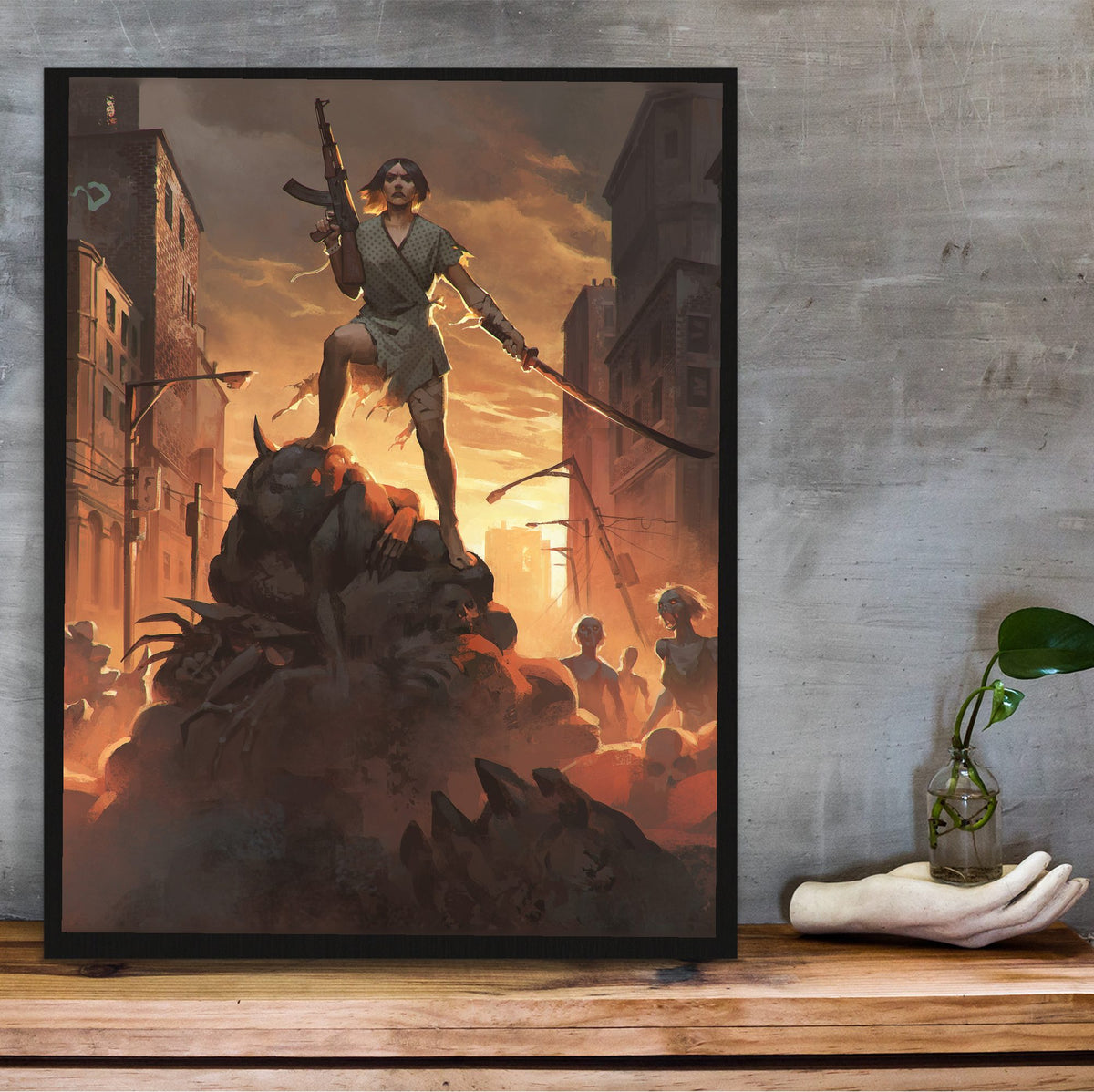 Nightmare Reaper Cover Art poster in a black frame on a wooden shelf against concrete