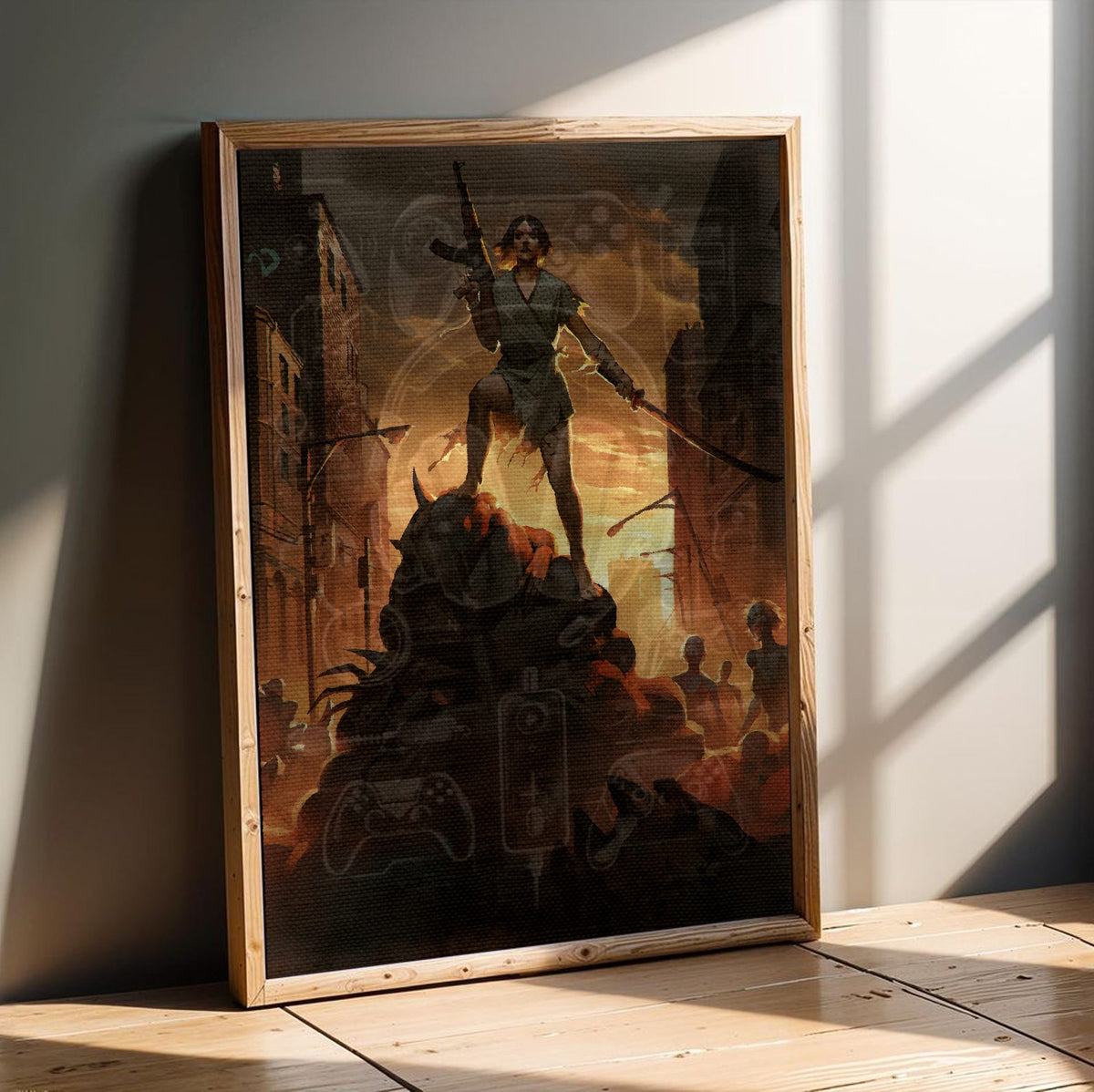Nightmare Reaper Cover Art poster in an oak frame leaning on a wooden floor