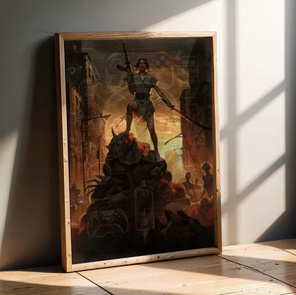 Nightmare Reaper Cover Art poster in an oak frame leaning on a wooden floor