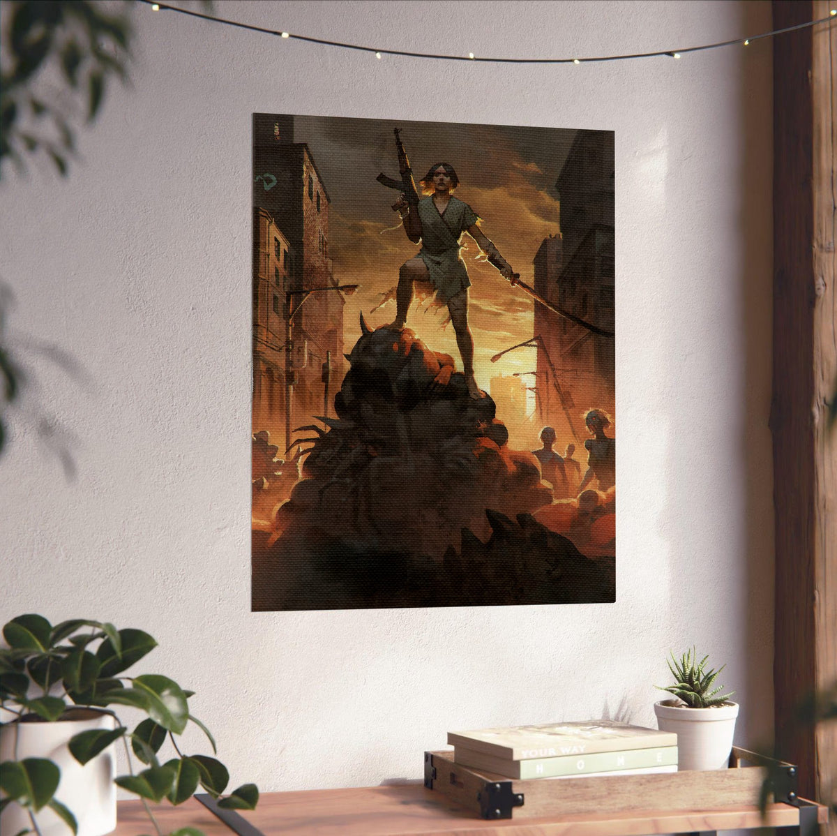 Nightmare Reaper Cover Art poster unframed on a white wall above a desk