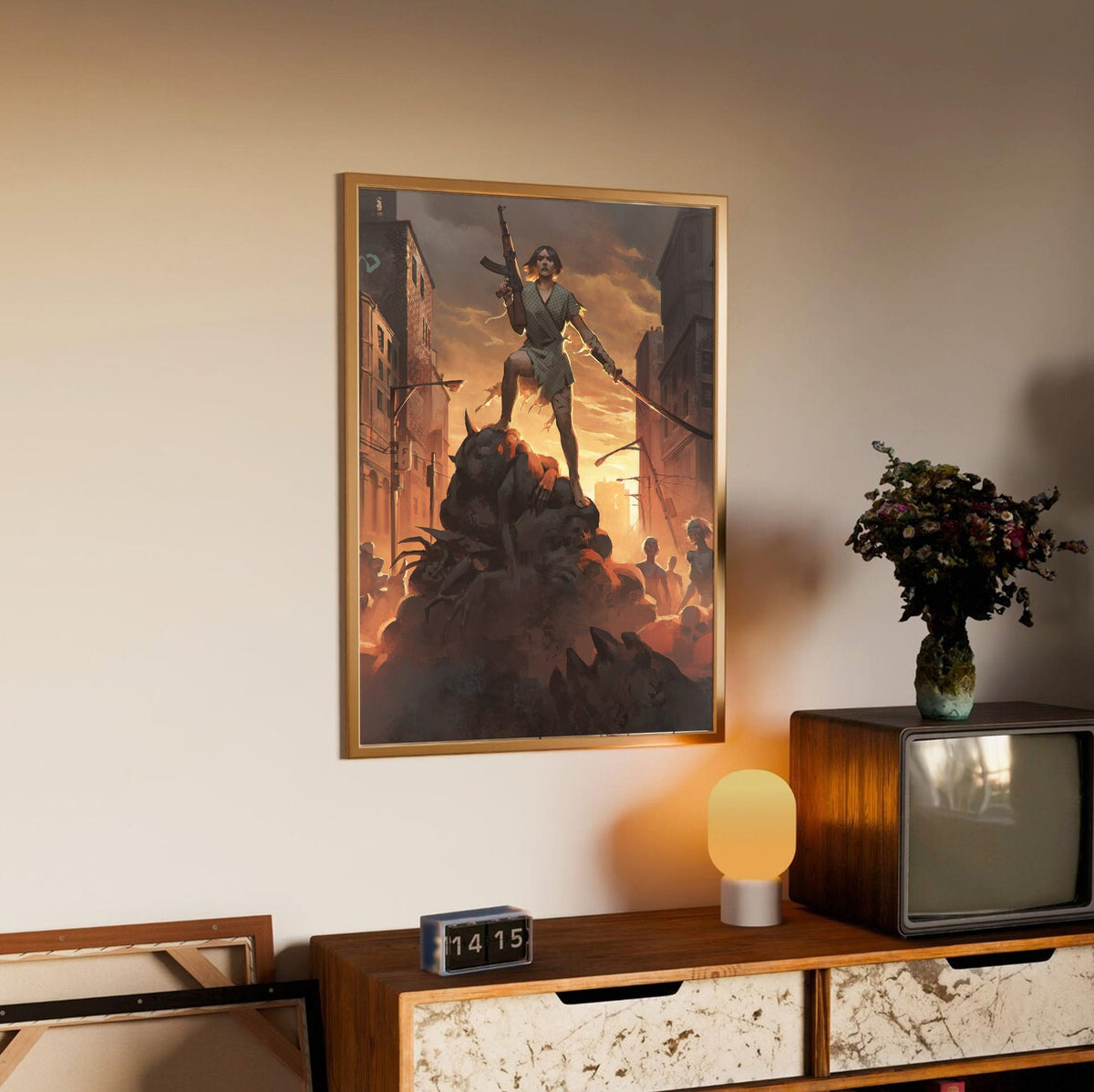 Nightmare Reaper Cover Art poster in an oak frame above a sideboard
