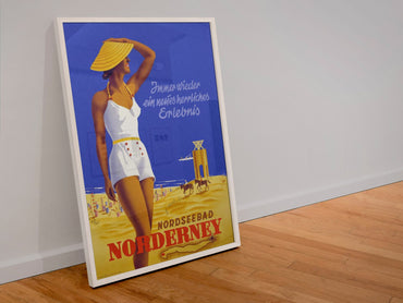 Nordseebad Norderney poster in a white frame leaning against a wall