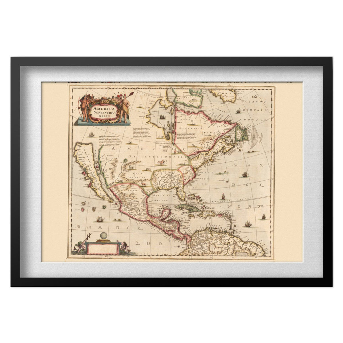 North America 1636 Map print in a black frame with a white mat