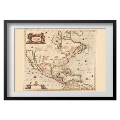 North America 1636 Map print in a black frame with a white mat