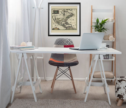 North America 1652 Map print framed above a white desk in a home office