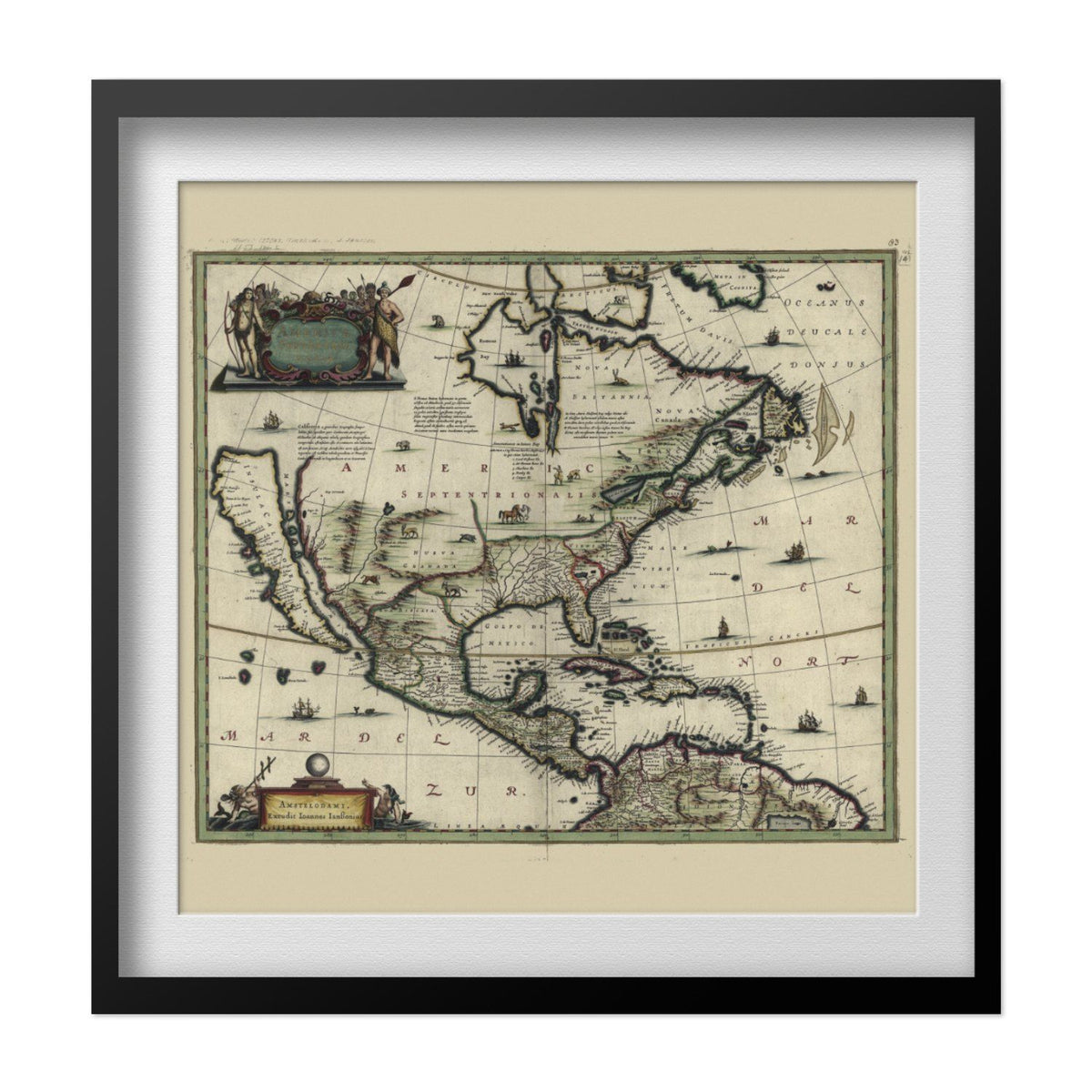 North America 1652 Map print in a black frame with a white mat