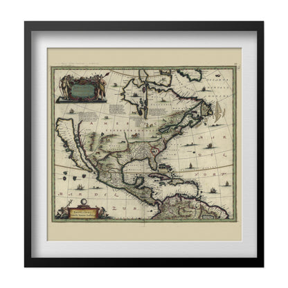 North America 1652 Map print in a black frame with a white mat