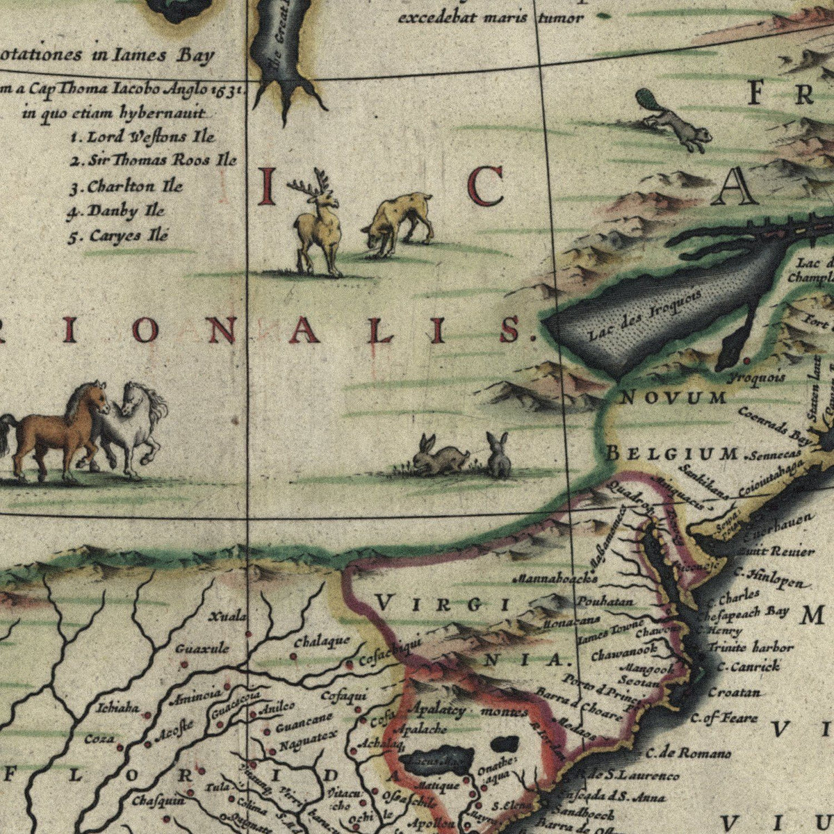 Close-up detail of the North America 1652 Map