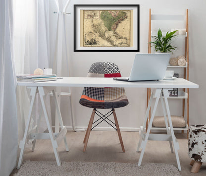 North America 1750s Map print framed above a white desk in a home office