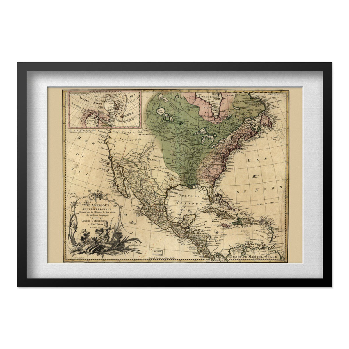 North America 1750s Map print in a black frame with a white mat