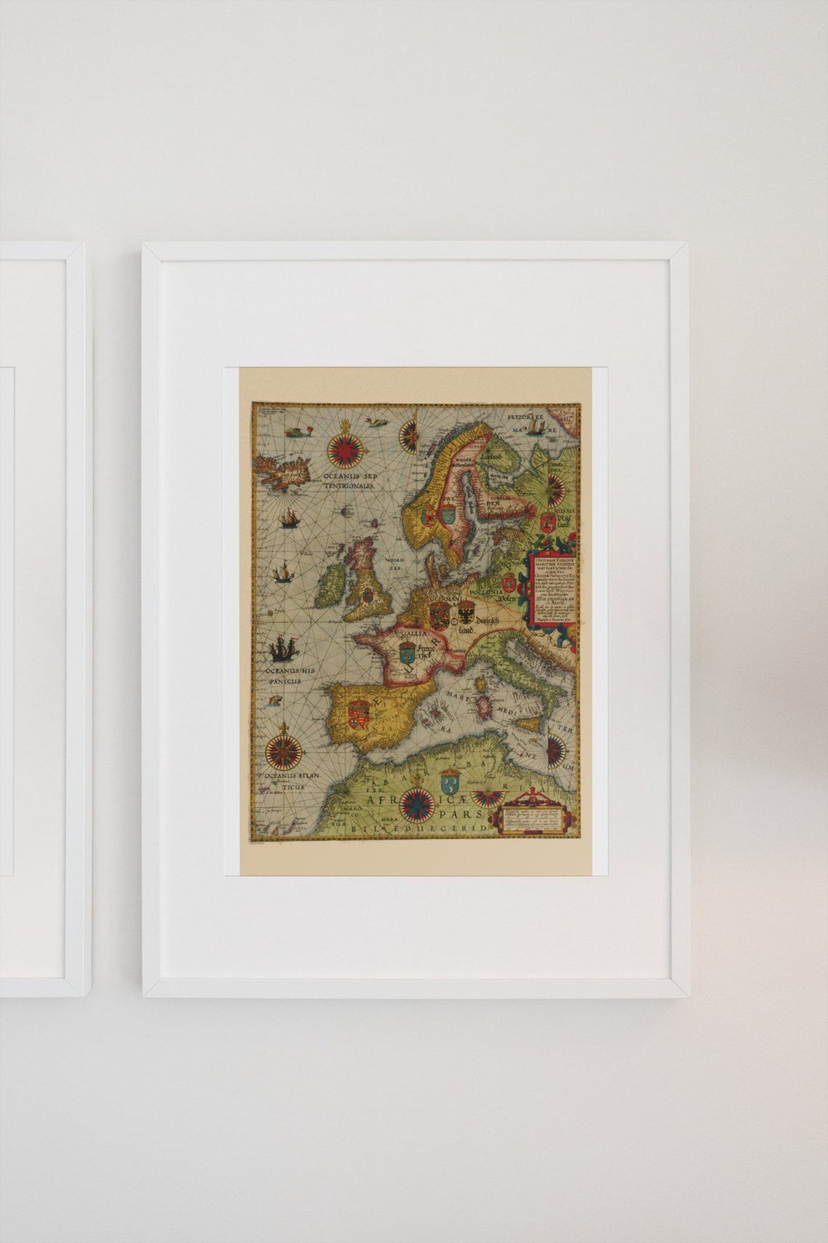 Northern Europe 1580s Sea Chart print in a white frame on a light wall