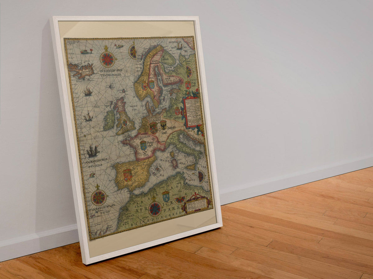 Northern Europe 1580s Sea Chart print in a white frame leaning against a wall