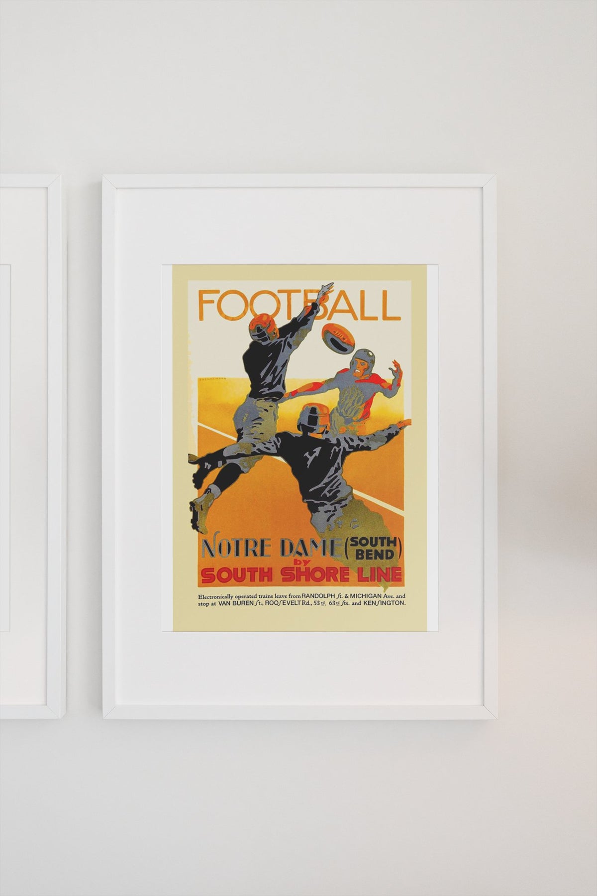 Notre Dame Football South Shore Line poster on a light wall