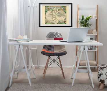 Nova Orbis 1670 World Map framed above a white desk in a home office