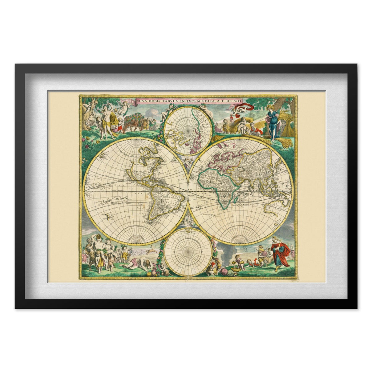 Nova Orbis 1670 World Map print in a black frame