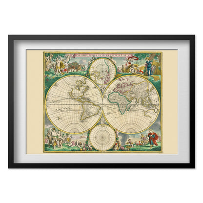 Nova Orbis 1670 World Map print in a black frame