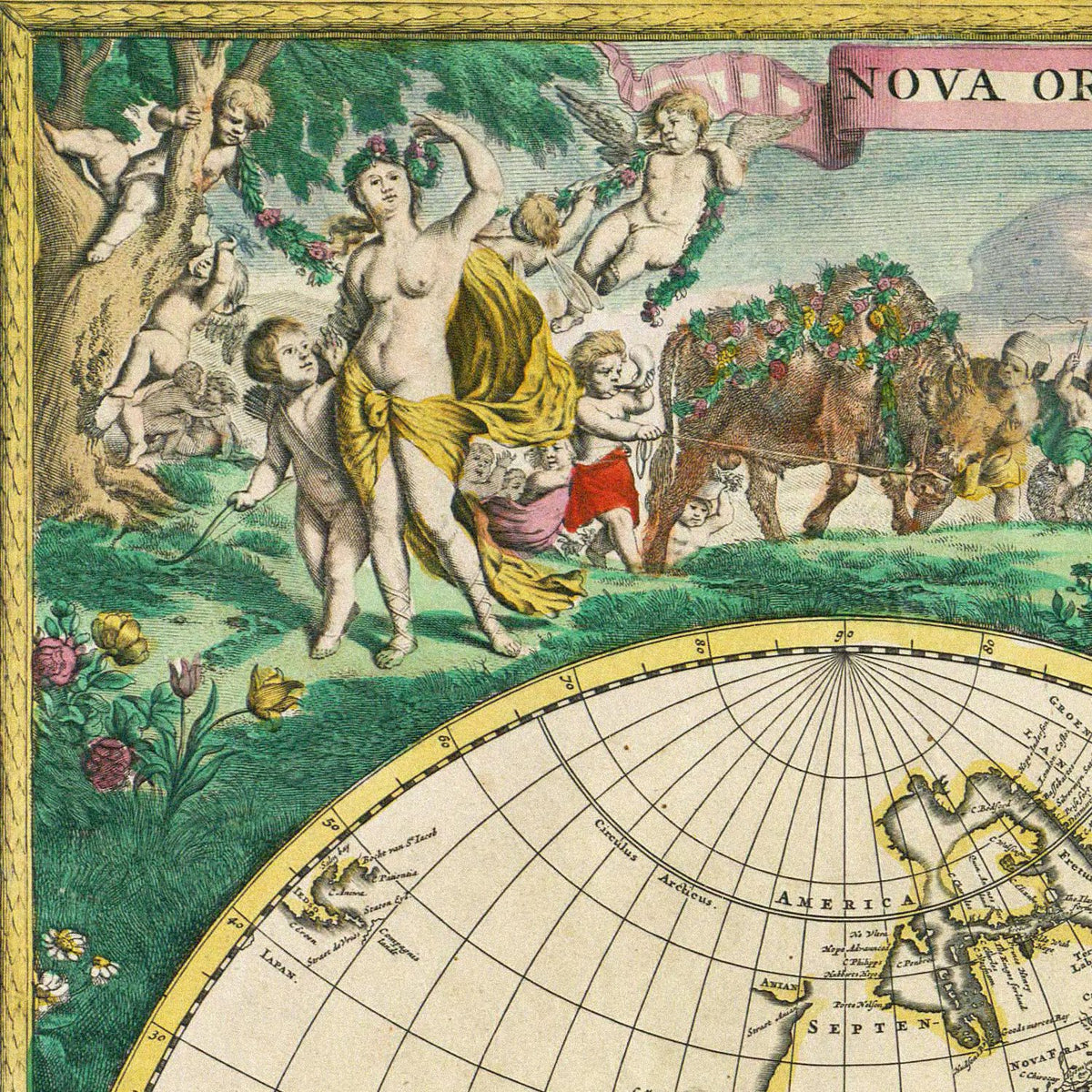 Close-up detail of the Nova Orbis 1670 World Map print