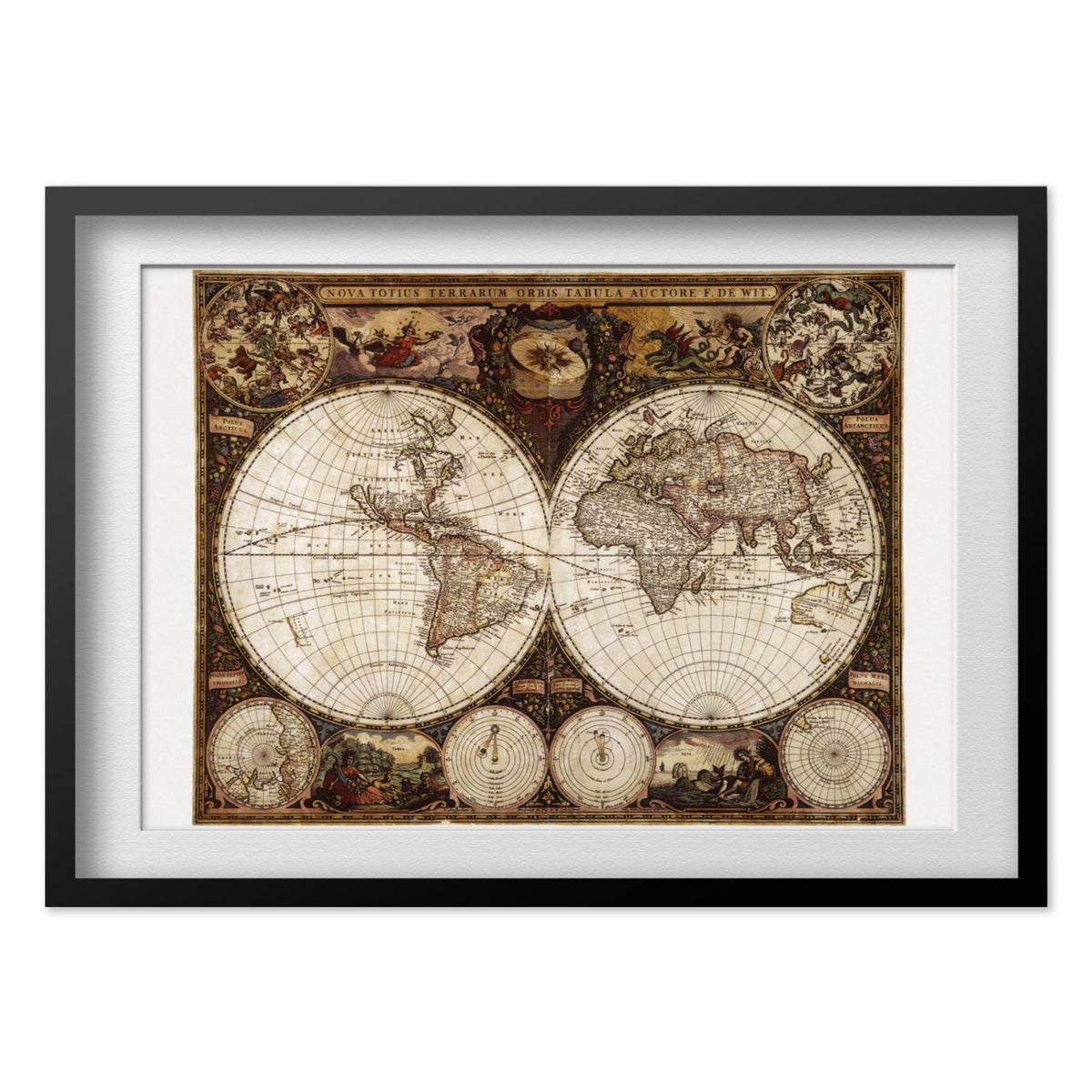 Nova Totius Terrarum Orbis 1600s print in a black frame