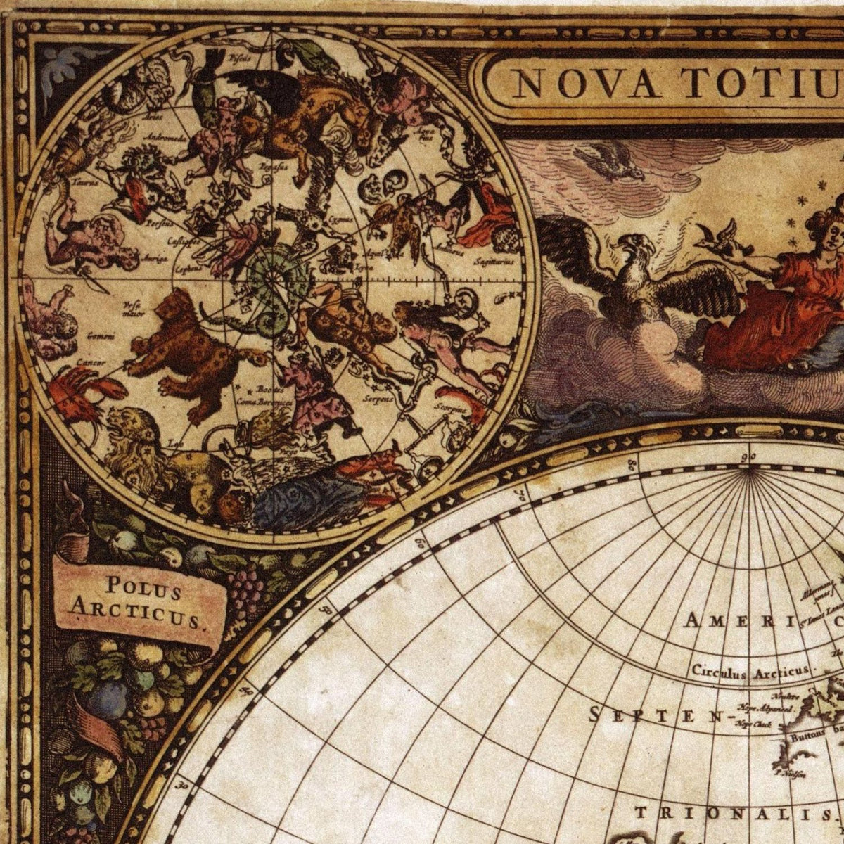 Close-up detail of the Nova Totius Terrarum Orbis 1600s print