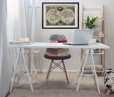 Nova Totius Terrarum Orbis 1630 framed above a white desk in a home office