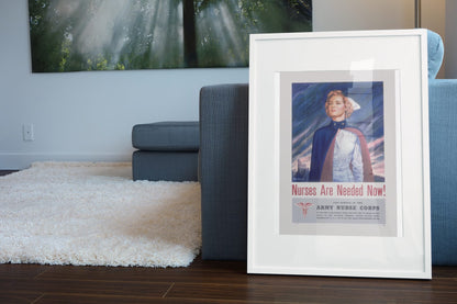 Nurses Are Needed Now Army Nurse Corps poster leaning beside a blue sofa