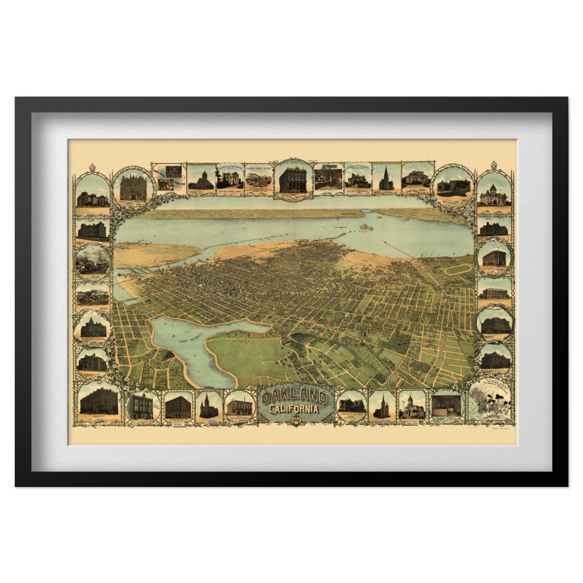 Oakland 1899 Panoramic Map print in a black frame