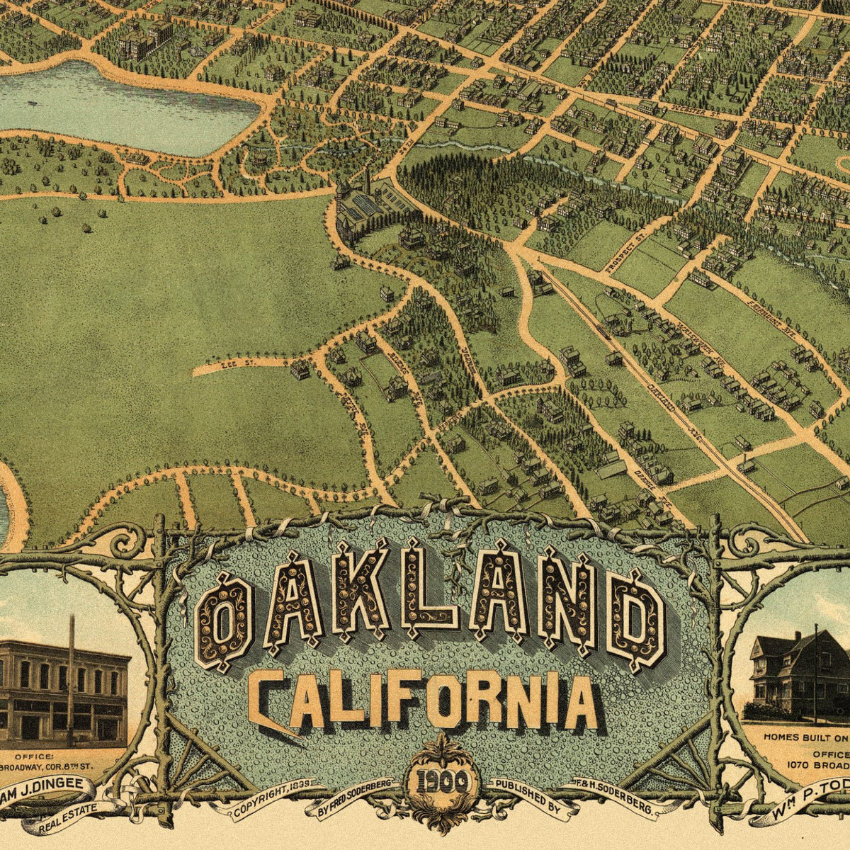 Close-up detail of the Oakland 1899 Panoramic Map print
