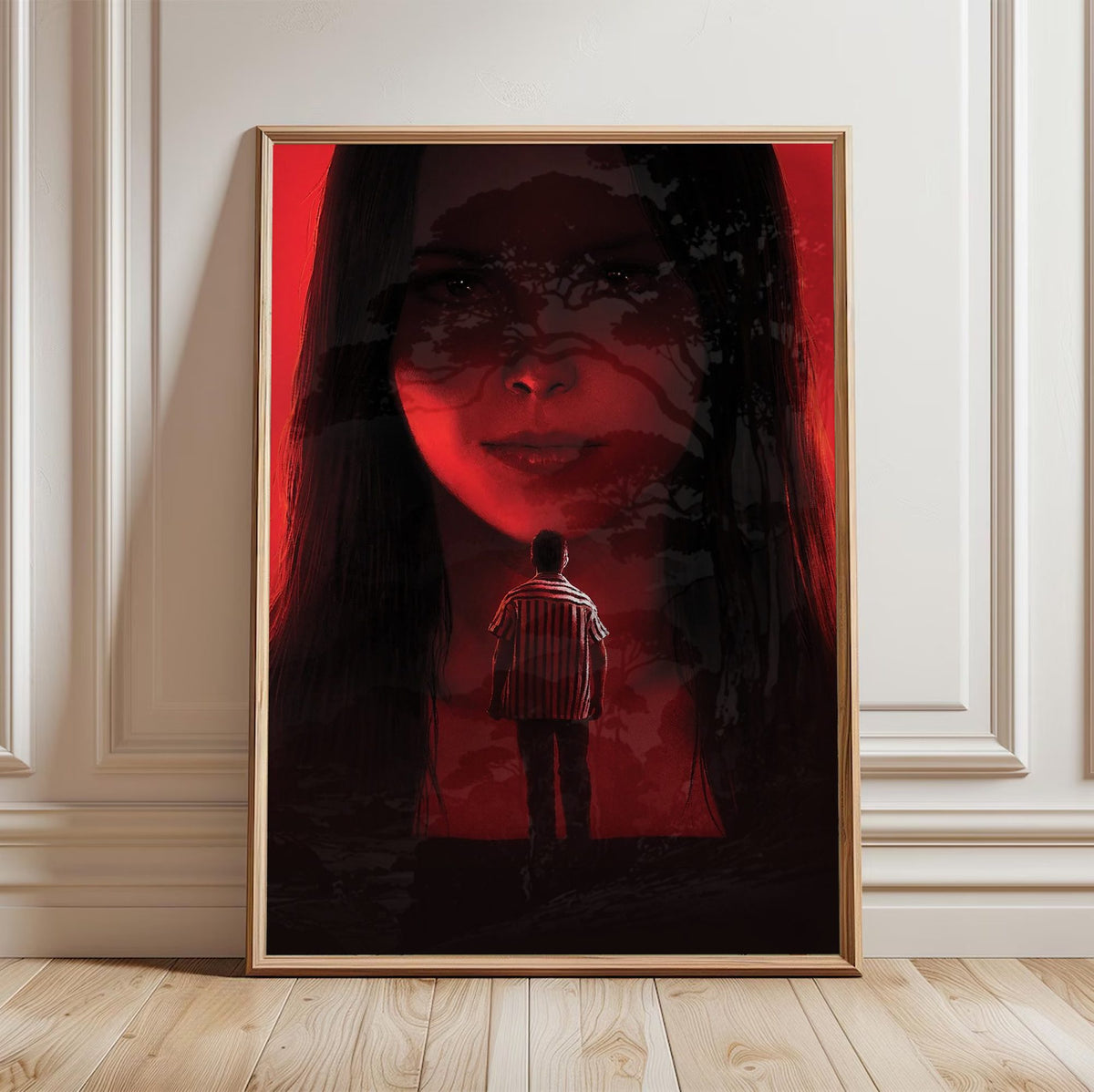 Obsession (2026) Movie Key Art poster in a light oak frame leaning against a white wall