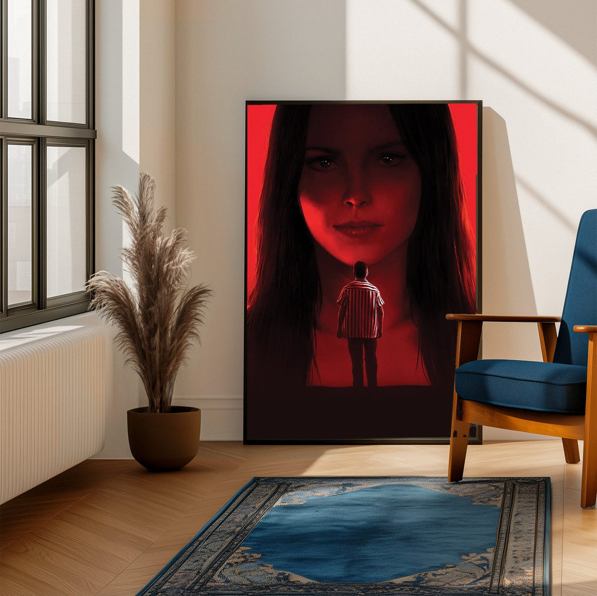 Obsession (2026) Movie Key Art poster framed beside a blue armchair in a sunlit room