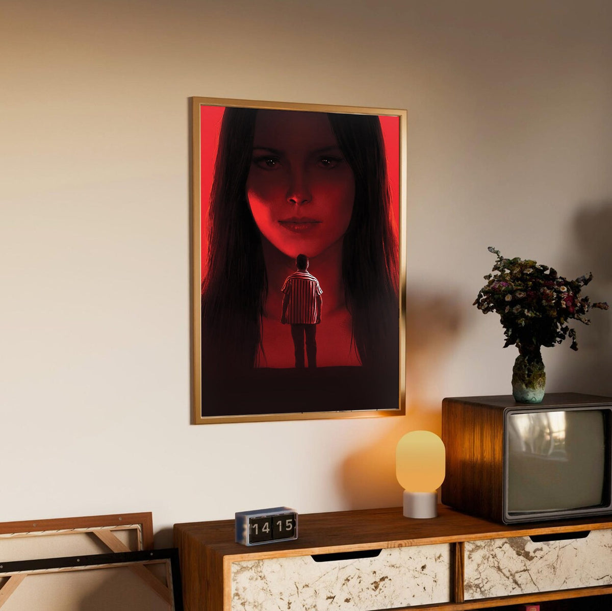 Obsession (2026) Movie Key Art poster in an oak frame above a sideboard