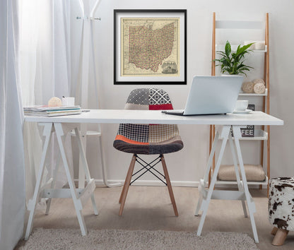 Ohio 1863 Township Map print framed above a white desk in a home office
