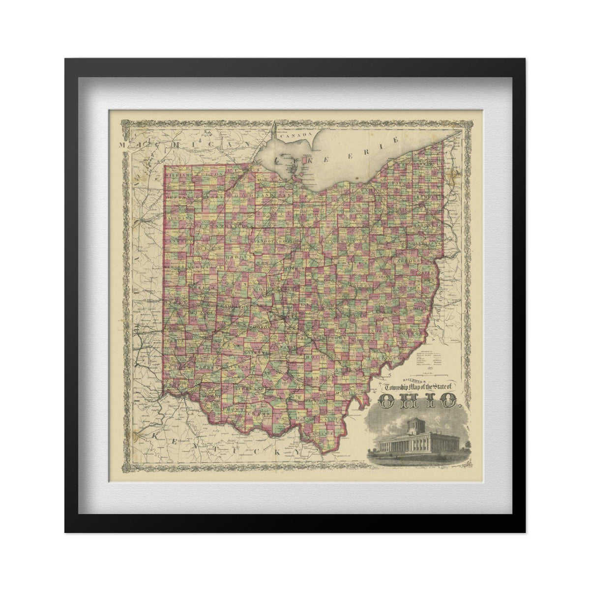 Ohio 1863 Township Map print in a black frame with a white mat