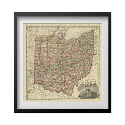 Ohio 1863 Township Map print in a black frame with a white mat