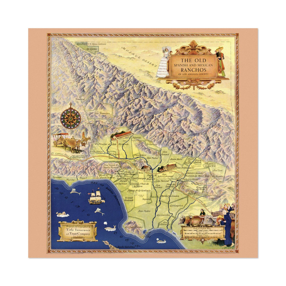 Old Spanish Ranchos of Los Angeles Map vintage print